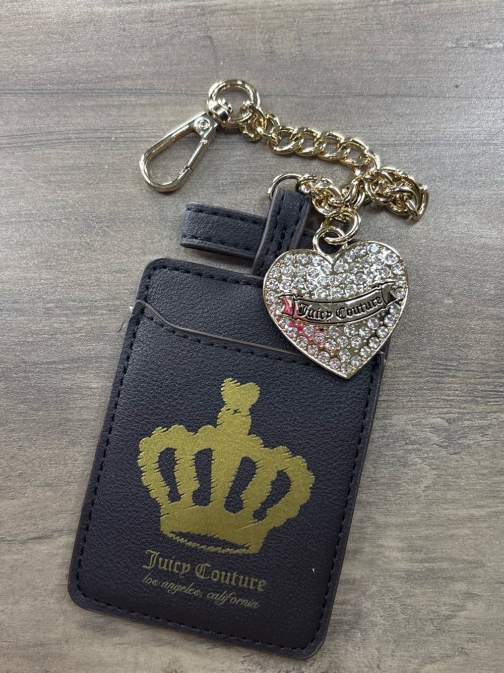 Juicy Couture Black Card Holder with Gold Crown and Rhinestone Heart Charm